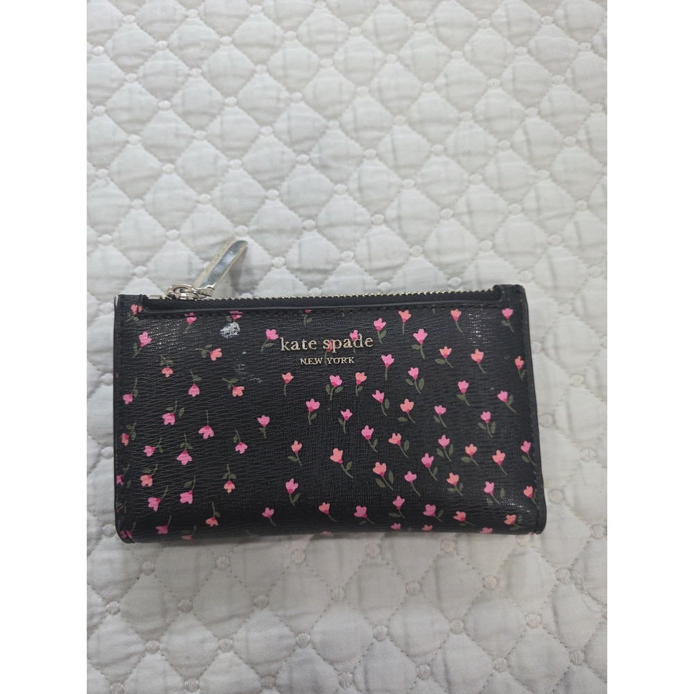 Kate Spade New York Black Pink Floral Leather Bifold Wallet Slim ID Window